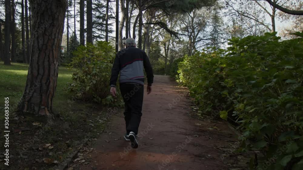 Old man walking in the forest on a running track. Noon time Emirgan korusu Old man walking in the forest on a running track. Noon time Emirgan korusu
