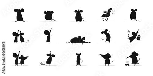 Funny mouses collection, black silhouette. Symbol of 2020 year