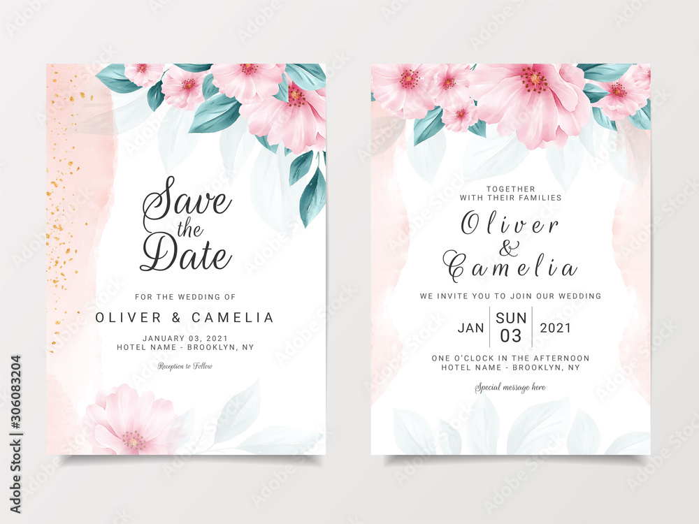 Romantic wedding invitation card template set with floral and watercolor  background. Flowers and leaves botanic illustration for background, save  the date, invitation, greeting card, etc Stock Vector | Adobe Stock