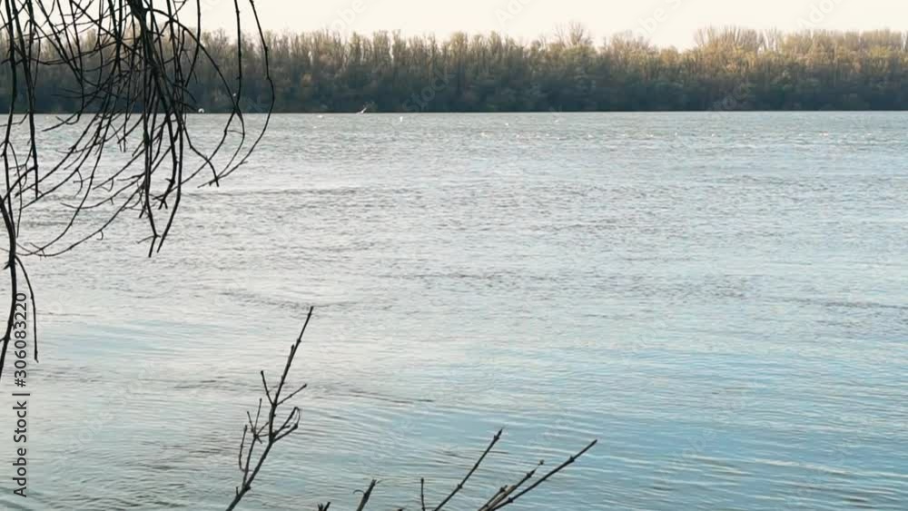The rainy season on the Danube river. Fast moving flooded Danube river on a cloudy day. The rainy season on the Danube river. Fast moving flooded Danube river on a cloudy day.