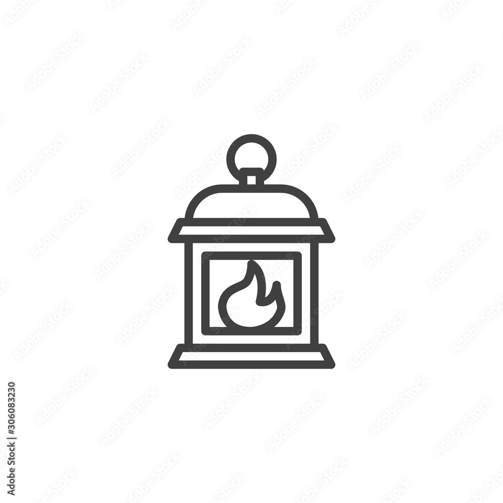 Gas lantern with burning light line icon. linear style sign for mobile concept and web design. Lantern lamp light outline vector icon. Symbol, logo illustration. Vector graphics Gas lantern with burning light line icon. linear style sign for mobile concept and web design. Lantern lamp light outline vector icon. Symbol, logo illustration. Vector graphics