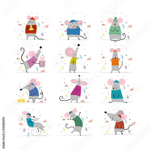 Funny mouses, symbol of 2020 year. Collection for your design
