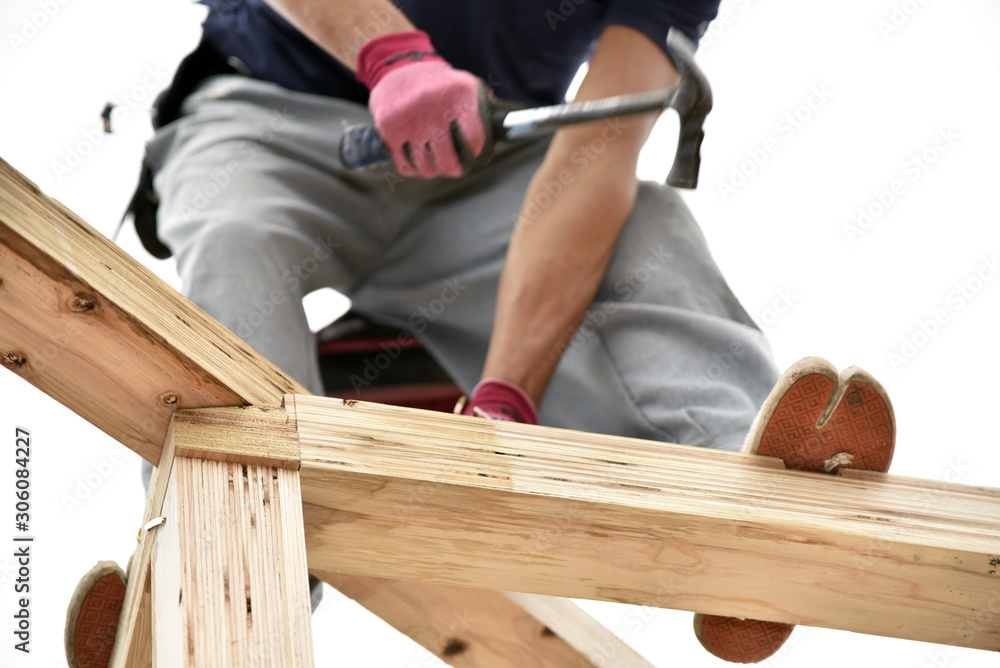Carpenter building a wooden house Carpenter building a wooden house