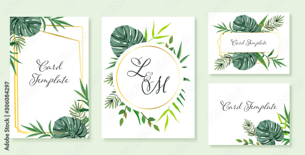 Beautiful set of wedding card templates. Decorated with wild leaves in green theme.