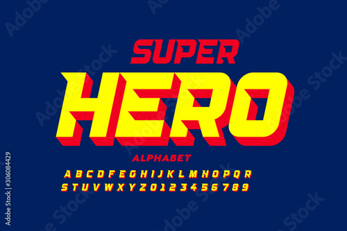 Comics super hero style font, alphabet letters and numbers