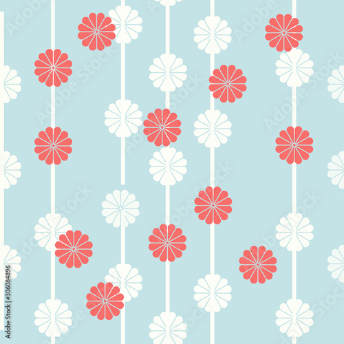 Seamless Pattern of Vertical Stripes and Diagonal Red Flowers on White and Turquoise Floral Background
