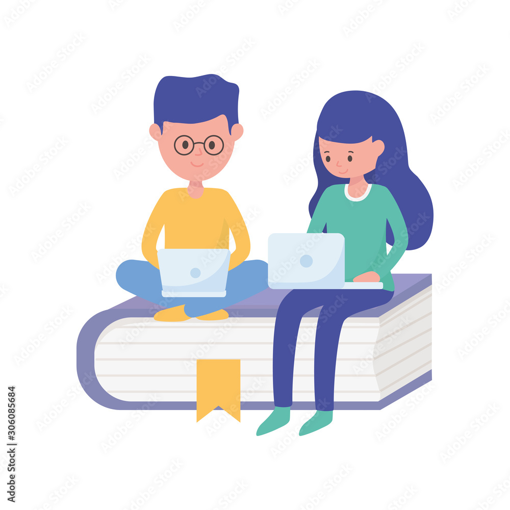 student boy and woman with laptop in book education learning online