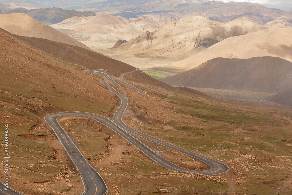 Road curves of mountain pass in Himalaya, Tibet