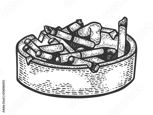 Ashtray with cigarette butts sketch engraving vector illustration. T-shirt apparel print design. Scratch board imitation. Black and white hand drawn image.