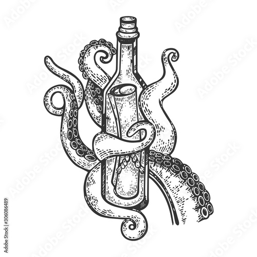 Octopus tentacles with message in bottle sketch engraving vector illustration. Scratch board style imitation. Black and white hand drawn image.