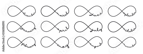 Months of the Year - infinity symbols. Repetition and unlimited cyclicity sign. January, february, march, april, may, june, july, august, september, october, november, december