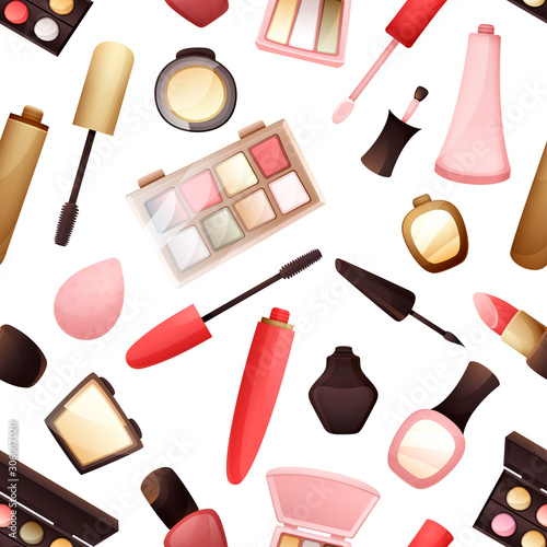 Seamless pattern with different types of cosmetics