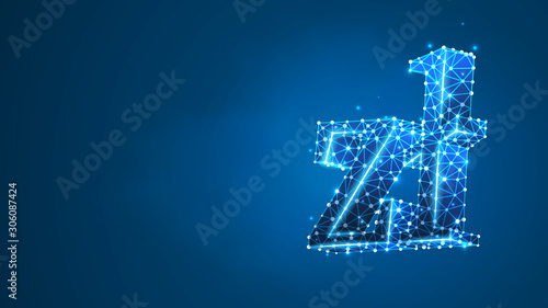 Zloty currency sign. Polish, ZL money symbol. Business, data cash, finance concept. Abstract digital wireframe, low poly mesh, vector blue neon 3d illustration. Triangle, line dot