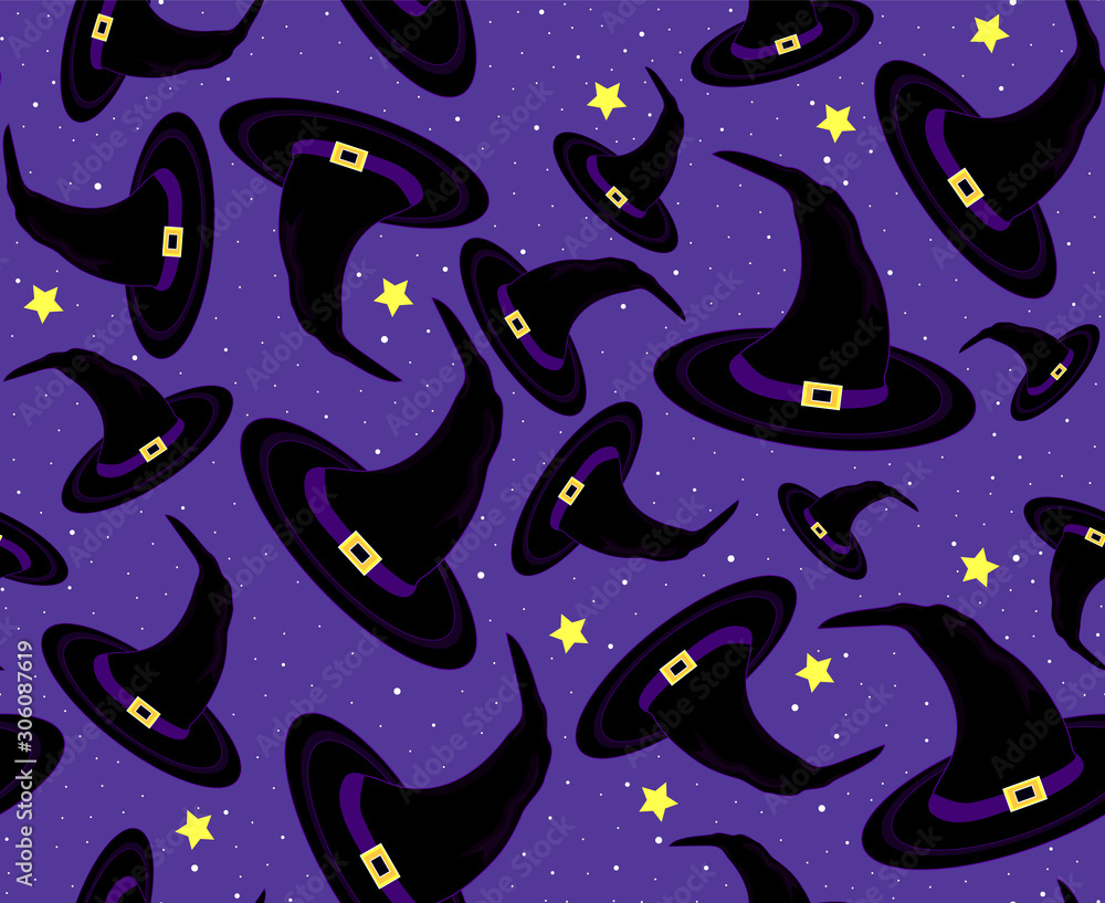 Halloween vector seamless pattern with  colorful witch hats
