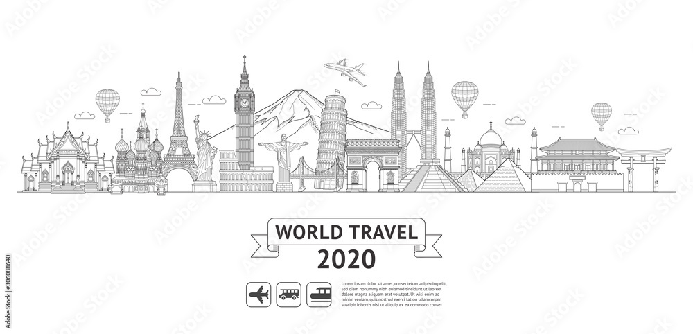 World travel doodle art drawing style vector illustrations. Famous landmarks in the world.