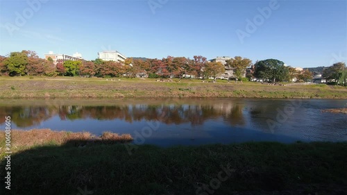 Wallpaper Mural A beautiful slow panning shot of Kamogawa river flowing down the stream at Kyoto, Japan during afternoon in Autumn. Calm and pretty scenery. Torontodigital.ca