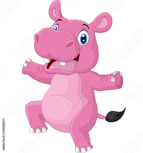 Cartoon happy hippo dancing on white background