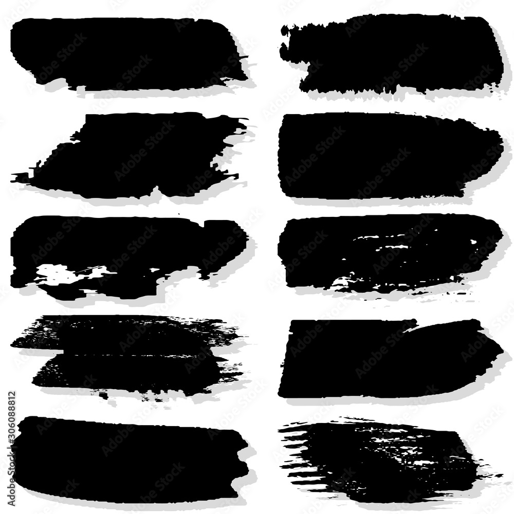 Strokes with a dry brush. Vector texture of paint spots. Set of grunge blots. The template for the background. Black ink isolated on white