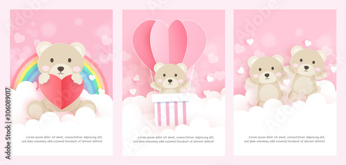 Set of greeting cards with cute bear in paper cut style.