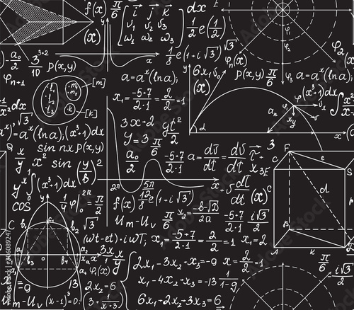 Math vector seamless texture with handwritten algebra and geometry formulas, functions and calculations 