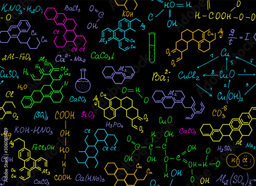 Scientific vector seamless endless pattern with handwritten multicolored chemistry formulas