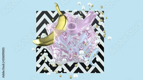 Modern creative 3d composition with 
banana and geometric shapes. Loop seamless 4k animation. Pastel colors. Trendy design, memphis style.