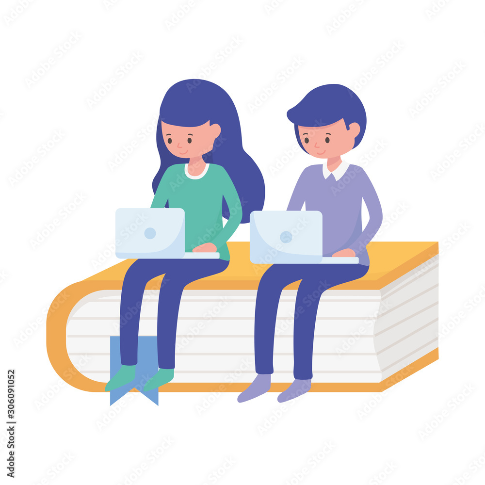 student boy and woman with laptop in book education learning online student boy and woman with laptop in book education learning online