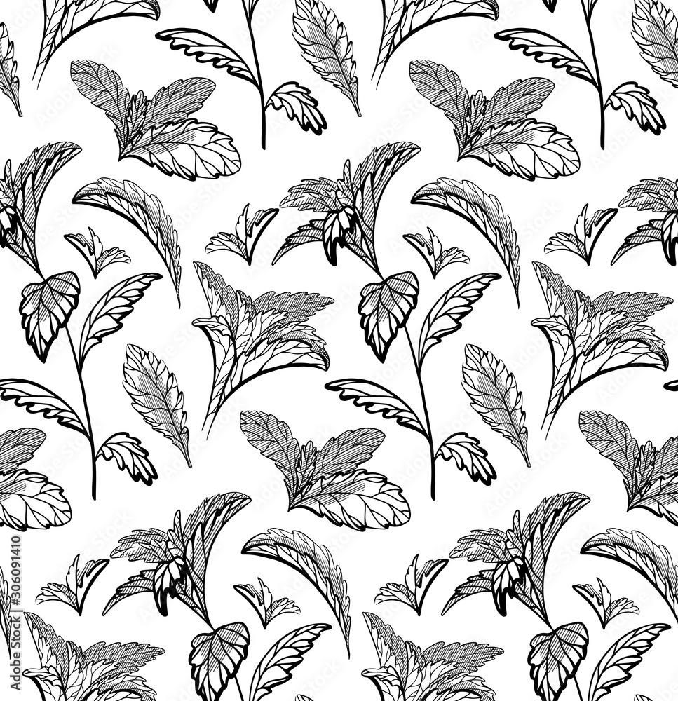 Seamless herbal pattern with stevia and peppermint plants. Nature and naturalness. Hand drawn background with strokes. Vector sketch texture for wallpapers, backgrounds, menus and your design.