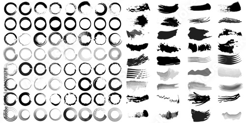 Big collection of black paint, ink brush strokes, brushes, lines, grungy, circles. Freehand drawing vector illustration isolated on white background