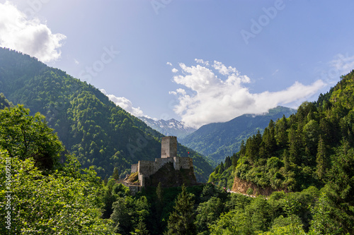 Landscape of Zilkale castle  forest  and cloudy mountains. Castle located in Camlihemsin  Rize  Black Sea region of Turkey