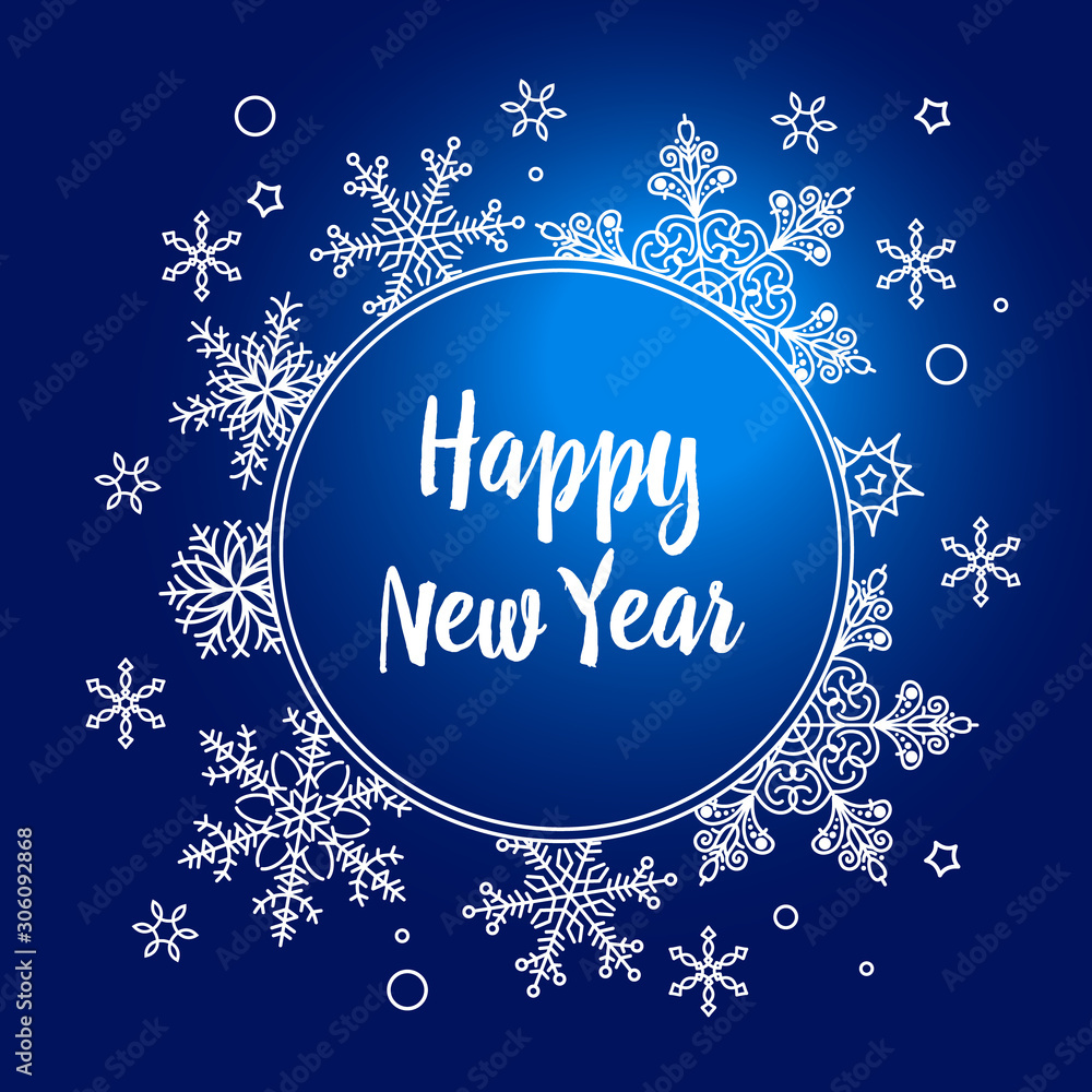 Happy New Year Card With Frame And Vignette. Lettering Composition With Snowflakes. Holiday Vector Illustration.