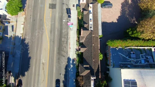 Angle Down Slow Motion Pull back above La Brea Ave in Hollywood California photo