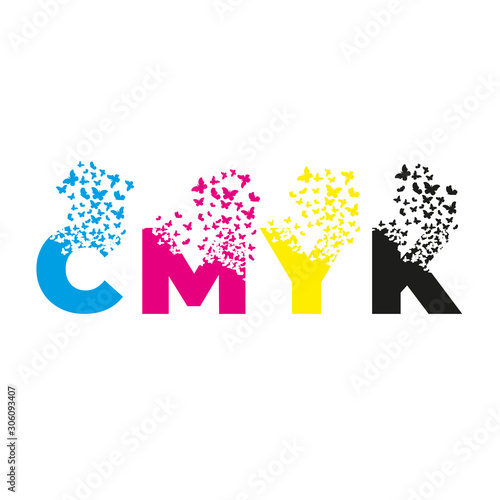 letters with effect of destruction. Dispersion. Butterfly, moth. CMYK