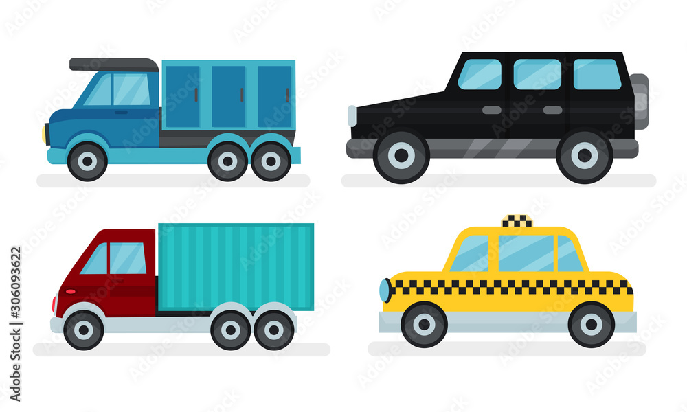 Set Of Different Kinds Of Urban And Industrial Transport Vector Illustrations