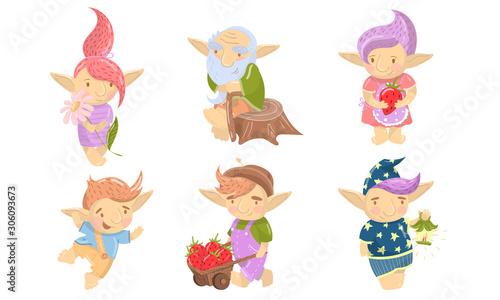 Cute Troll Characters Vector Set. Funny Creatures With Colored Hair Collection