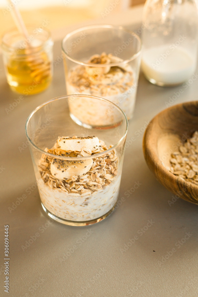 oatmeal in a glass with banana and chia oatmeal in a glass with banana and chia