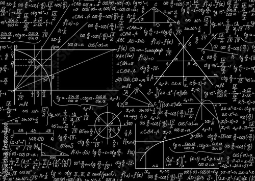 Mathematical vector seamless pattern with handwritten figures, formulas and calculations