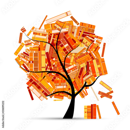 Library tree with books for your design. Autumn season