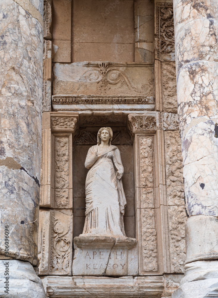 A statue of Arete, Virtue, at the Library of Celsus at the ancient Greek-Roman city of Ephesus, Turkey