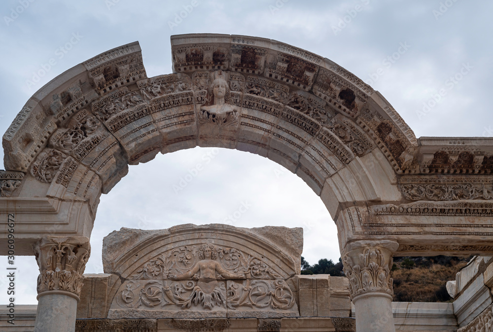 The architectural structure on Kuretler Street, on which the head of the medusa is carved, Ancient City of Ephesus, Selcuk, Izmir The architectural structure on Kuretler Street, on which the head of the medusa is carved, Ancient City of Ephesus, Selcuk, Izmir