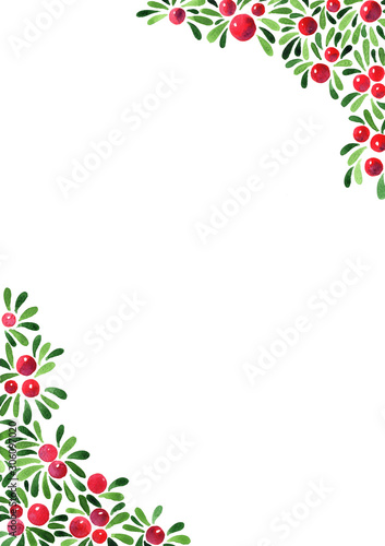 Christmas plants decoration border watercolor hand painting.