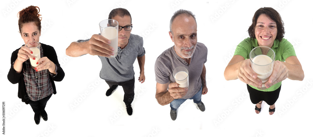 Obraz premium group of people with a glass of milk on white background