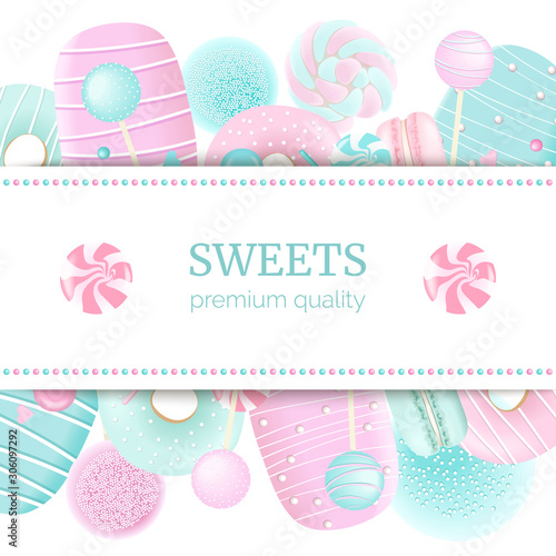 Confectionery label set with text on stripe. blue and pink. Marshmallow,