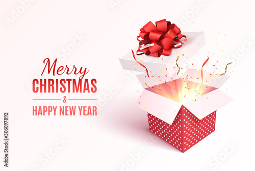 Gift box with red ribbon and bow. Merry Christmas and Happy New Year banner. Vector 3d illustration. Christmas decoration