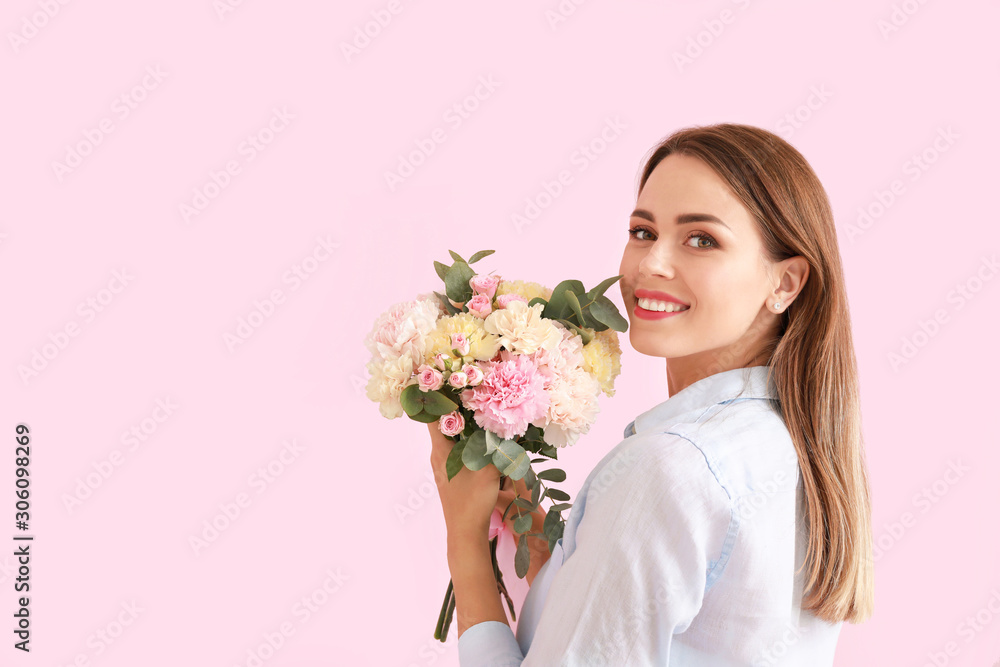 Beautiful young woman with bouquet of carnation flowers on color background Beautiful young woman with bouquet of carnation flowers on color background