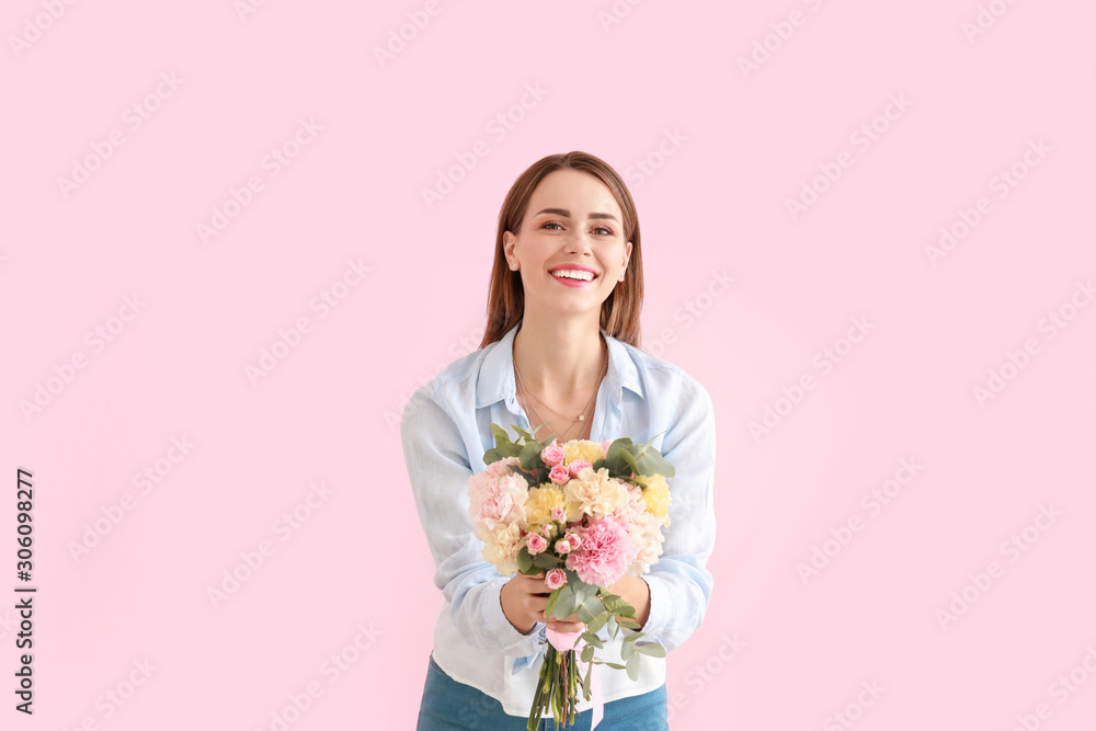 Beautiful young woman with bouquet of carnation flowers on color background Beautiful young woman with bouquet of carnation flowers on color background