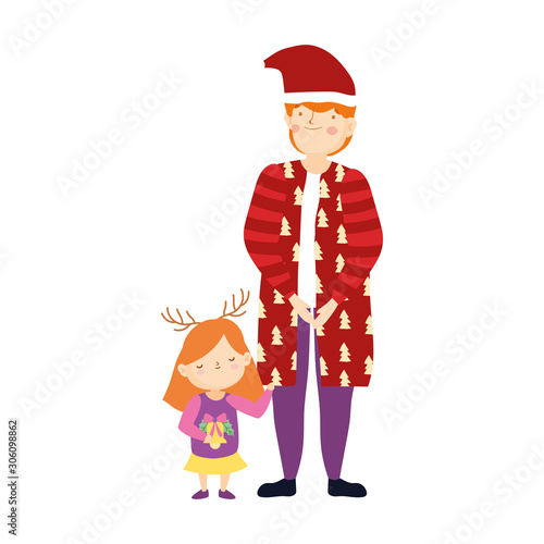 merry christmas father and daughter warm clothes