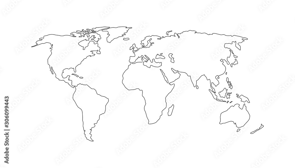 World map. Hand drawn simple stylized continents silhouette in minimal line outline thin shape. Vector illustration