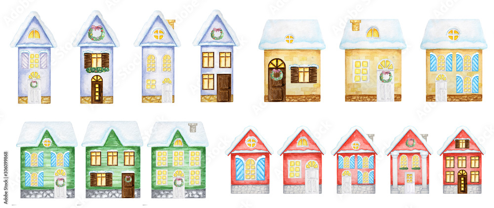 Watercolor Christmas winter houses Set with dark brown wooden door, luminous windows with snow on the roof on a white background. Red, green, blue, yellow colors House with New Year wreath decoration Watercolor Christmas winter houses Set with dark brown wooden door, luminous windows with snow on the roof on a white background. Red, green, blue, yellow colors House with New Year wreath decoration