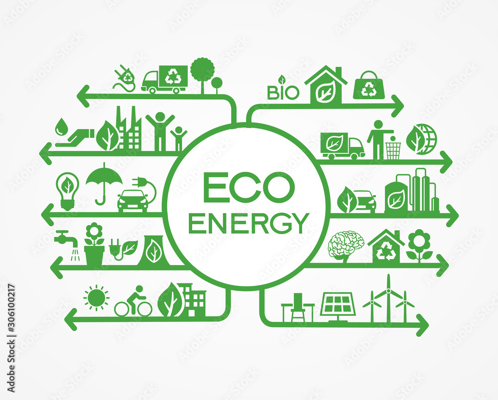 Renewable energy concept icon. Green electricity sources icons. Alternative energy background